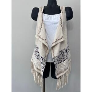 Miss Me Western Fringe Vest Sz M Oatmeal Knit Muted Fall Color Tapestry Festival